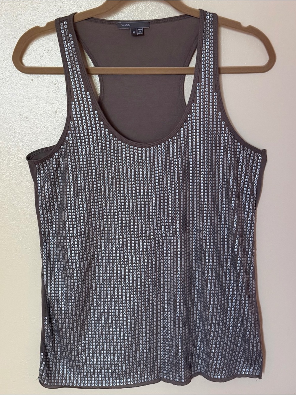 VINCE Silver Sequin Tank Top Taupe